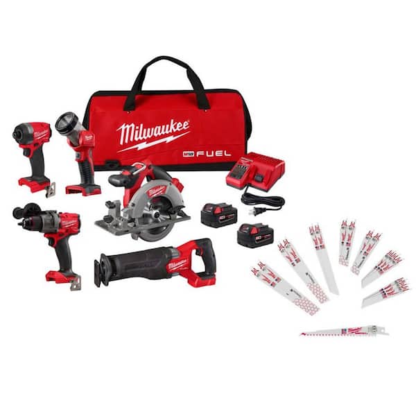 M18 FUEL 18V Lithium-Ion Cordless Combo Kit (5-Tool) w/ 2 5.0 Ah Batteries, Charger & SAWZALL Blades (21-Pack)