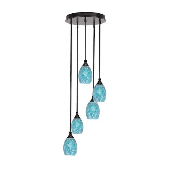 Unbranded Villa 5 Light Espresso Pendant, Cluster Pendant Light with 5 in. Turquoise Fusion Glass Shades, No Bulbs Included