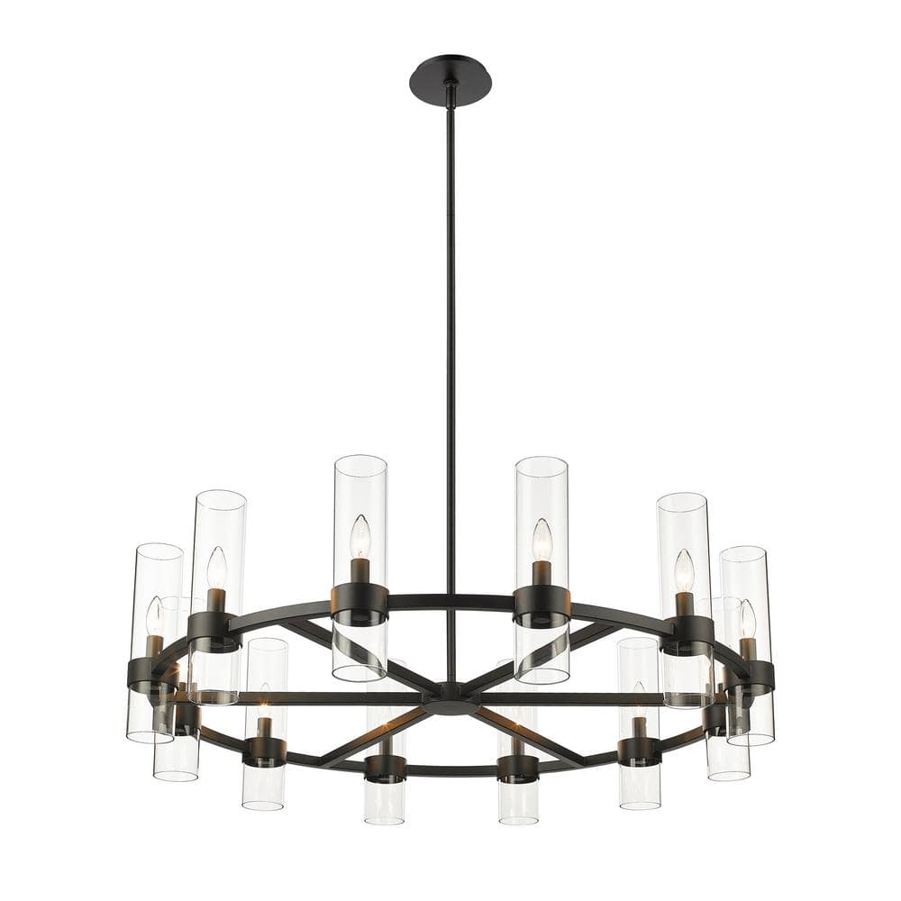 Datus Matte Black Iron Wagon Wheel Chandelier with Clear Glass Uplights