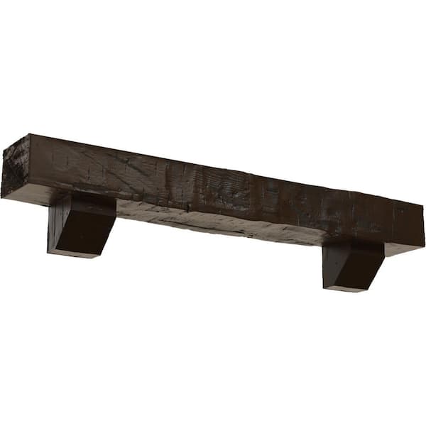 Ekena Millwork 6 in. x 8 in. x 3 ft. Hand Hewn Faux Wood Fireplace Mantel Kit with Ashford Corbels, Burnished Mahogany