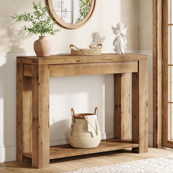 43 in. Brown Rectangle Solid Wood Console Table, Sofa Table with 2-Tier Storage for Entryway, Living Room