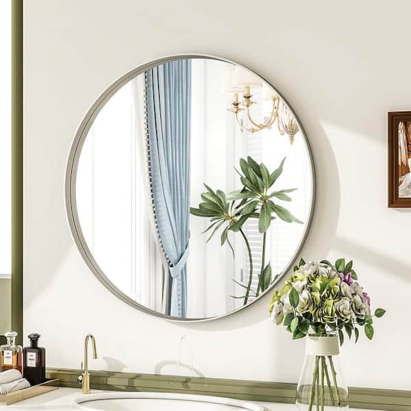 24 in. W x 24 in. H Round Silver Metal Deep Framed Wall Bathroom Vanity Mirror
