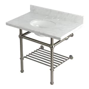 Templeton 36 in. Marble Console Sink with Brass Legs in Carrara Marble Brushed Nickel