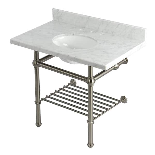 Kingston Brass Templeton 36 in. Marble Console Sink with Brass Legs in Carrara Marble Brushed Nickel