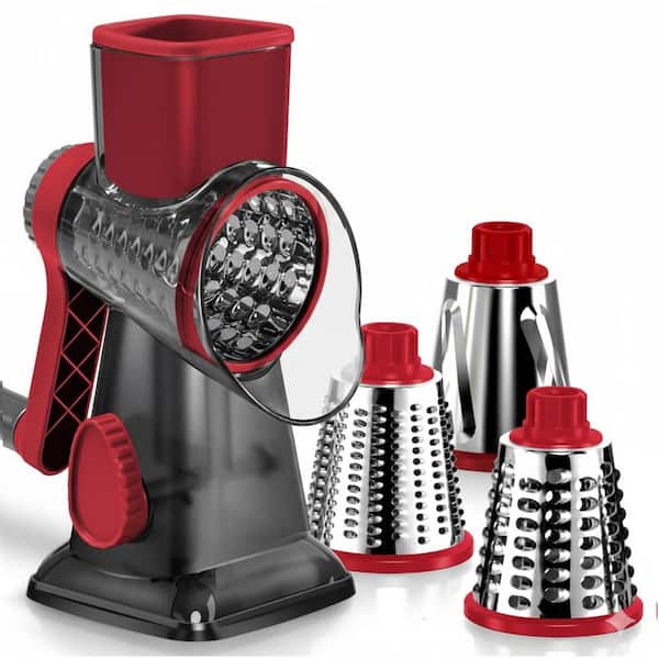 Black Red Rotary Cheese Grater Kitchen Tool with 3 Stainless Steel Blades and Suction Base for Vegetables Nuts
