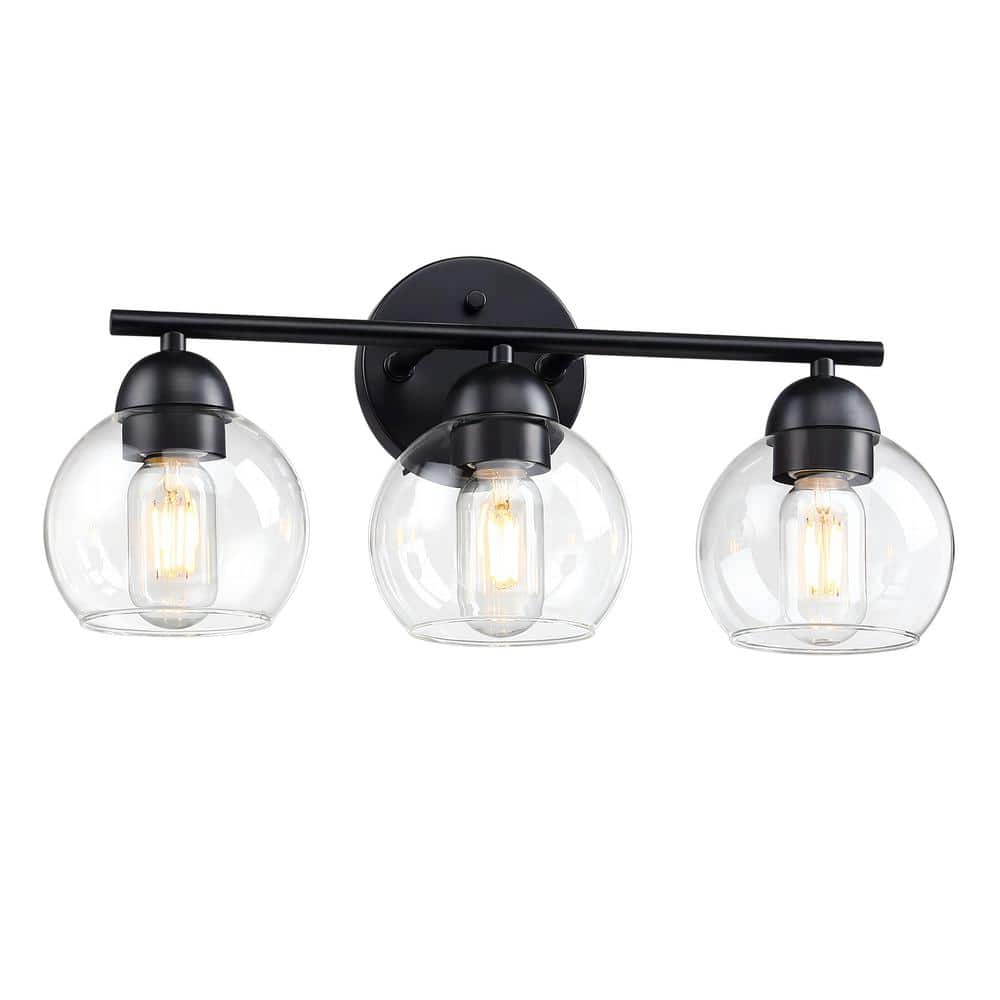 Black Metal 3-Light Dimmable Vanity Light with Clear Glass Shades