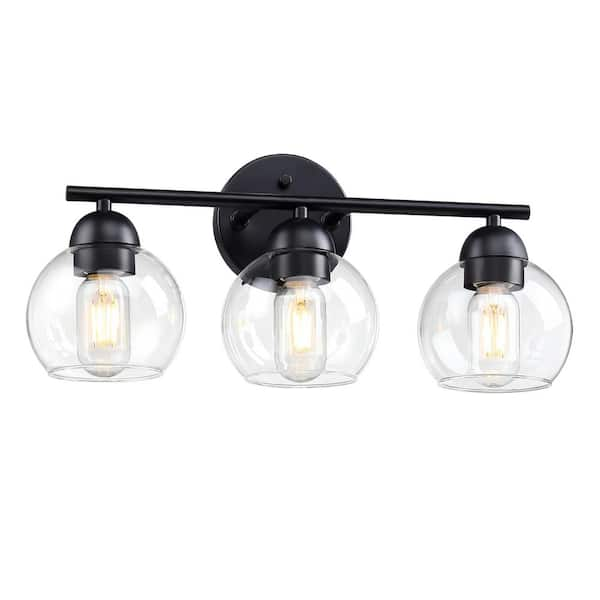 Pia Ricco 18.32 in. 3-Light Black Modern Vanity Lights with Clear Glass ...