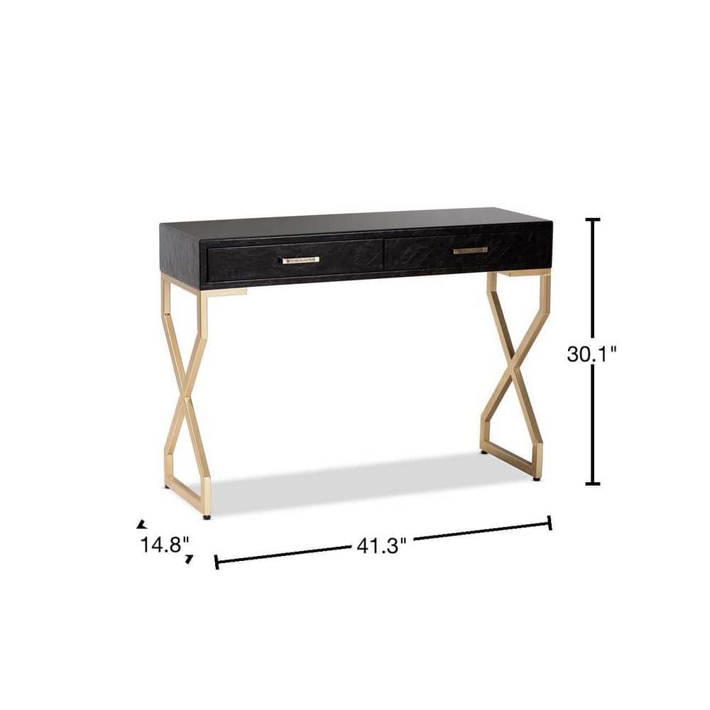 Carville Gold-Finished Metal & Dark Brown Faux Leather Console Table with Glass Top