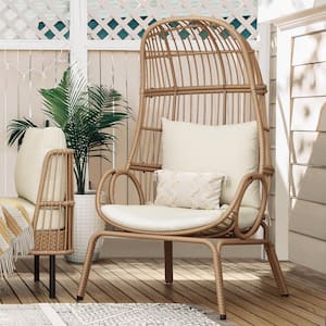 Yellow Wicker Patio Outdoor Indoor Basket Narrow Cocoon Egg Chair with Beige Cushion For Patio, Balcony, Bedroom