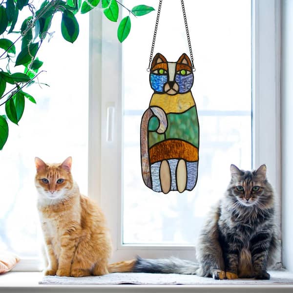 River of Goods Purple Crazy Cat Stained Glass Window Panel 20101