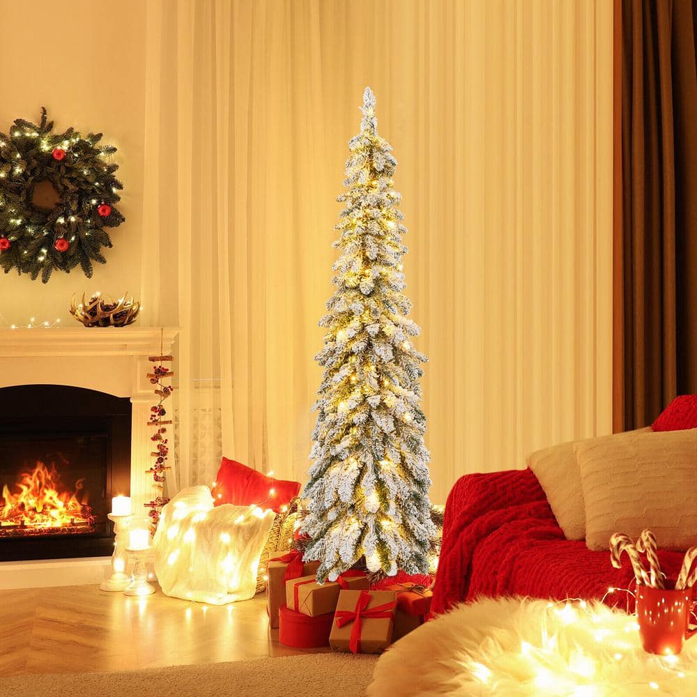 ANGELES HOME 5 ft.Hinged Slim Prelit SnowFlocked Artificial Xmas Christmas Tree with Stand M22