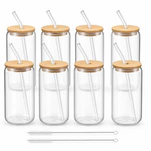 8-Pack 16 oz. Glass Cups with Bamboo Lids and Straws, Drinking Glasses Set, Iced Coffee, Tea Cup
