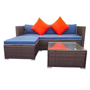 3-Piece Wicker Patio Conversation Set with Blue Cushion