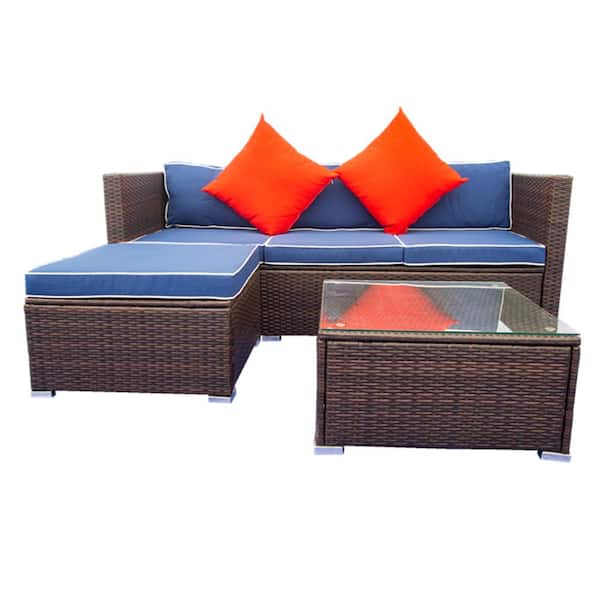 waelph 3-Piece Wicker Patio Conversation Set with Blue Cushion