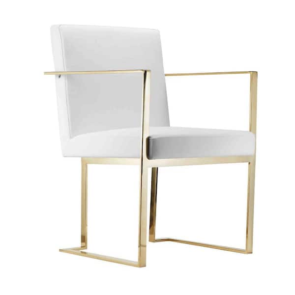 Benjara White and Gold Faux Leather Merml Frame Dining Armchair