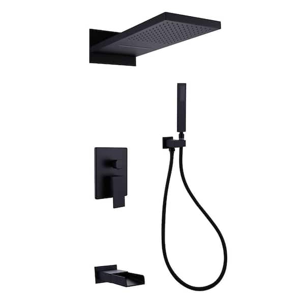 AIMADI Single-Handle 2-Spray Wall Mount Tub and Shower Faucet 4.4 GPM Waterfall Shower System in. Matte Black Valve Included