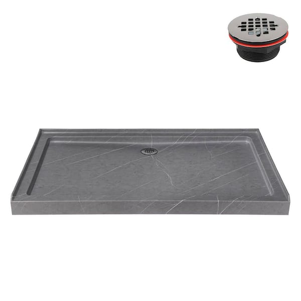 60 in. x 36 in. Alcove Acrylic Shower Pan Base in Matte Grey with Center Drain, Drain Included