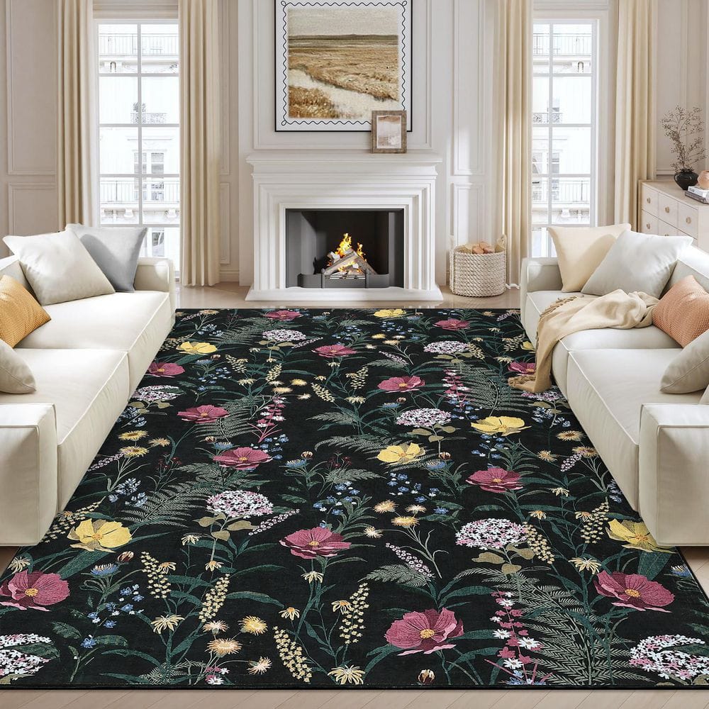 Black 6 ft. x 9 ft. Non-Slip Border Print Rug Machine Washable Ultra ...