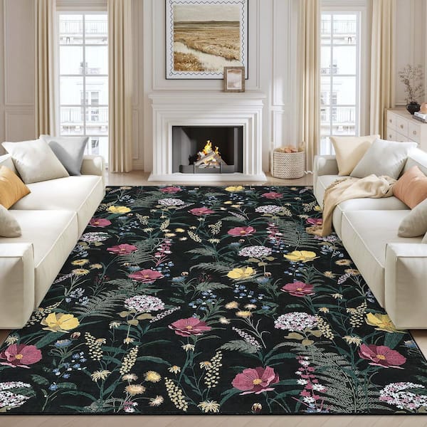 Black 9 ft. x 12 ft. Non-Slip Border Print Rug Machine Washable Ultra Thin Soft for Bedroom Dining Room Office