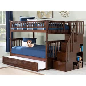 Columbia Staircase Bunk Bed Full over Full with Twin Size Raised Panel Trundle Bed in Walnut