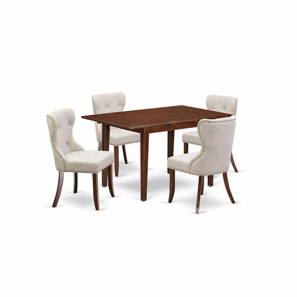 East West Furniture 5-Piece Mahogany Finish Solid Wood Top - Rectangular Dining Room Set with Butterfly Leaf Seats-4