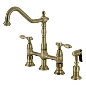 Tudor Double Handle Deck Mount Gooseneck Bridge Kitchen Faucet with Brass Sprayer in Antique Brass