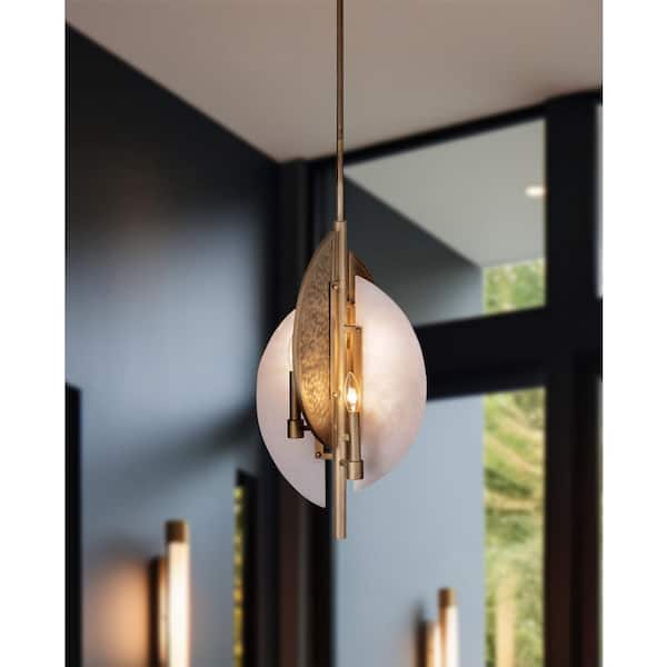 Saint-Martin 60-Watt 4-Light 24 in. Ashen Gold 2 Candle Pendant Light with Alabaster Panels and No Bulbs Included