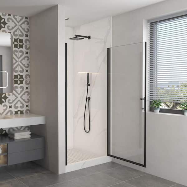 Xspracer Moray 34 in. W x 72 in. H Pivot Frame Shower Door in Matte Black Finish with Clear Glass