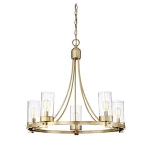 Meridian 26 in. W x 23 in. H 5-Light Natural Brass Chandelier with Clear Glass Cylindrical Shades
