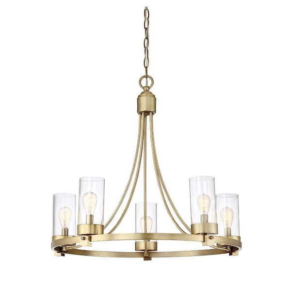 TUXEDO PARK LIGHTING 26 in. W x 23 in. H 5-Light Natural Brass Chandelier with Clear Glass Cylindrical Shades