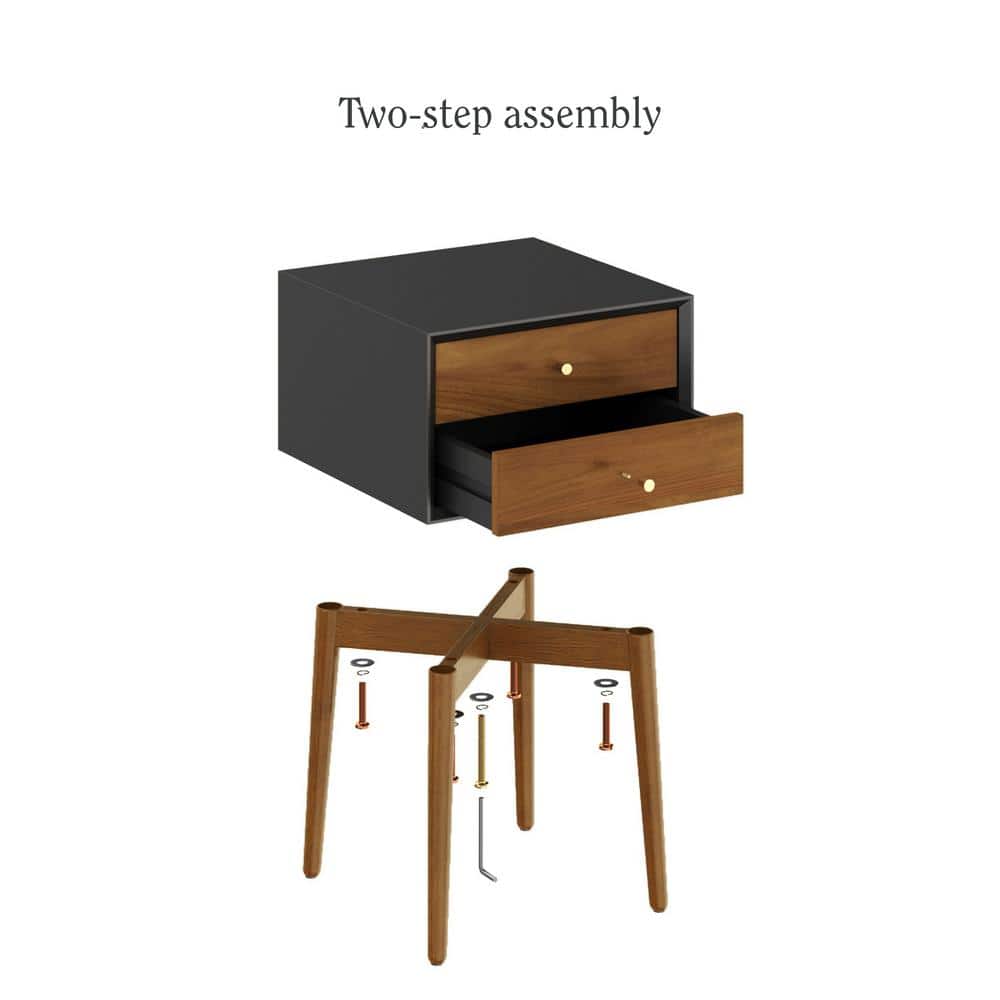 Harper Black and Brown MDF Nightstand with Pinewood Legs, Set of 2