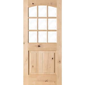 32 in. x 80 in. Rustic Knotty Alder Arch Top 9-Lite Clear Glass with V-Panel Unfinished Wood Front Door Slab