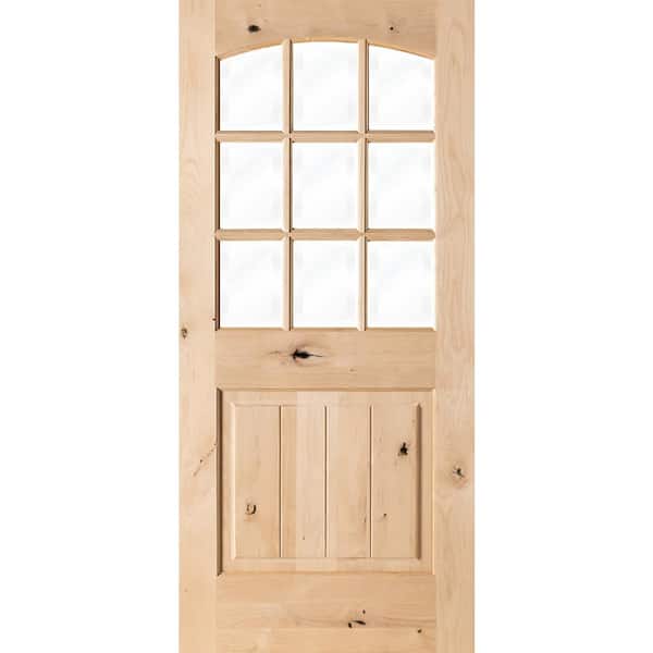 Krosswood Doors 32 in. x 80 in. Rustic Knotty Alder Arch Top 9-Lite Clear Glass with V-Panel Unfinished Wood Front Door Slab