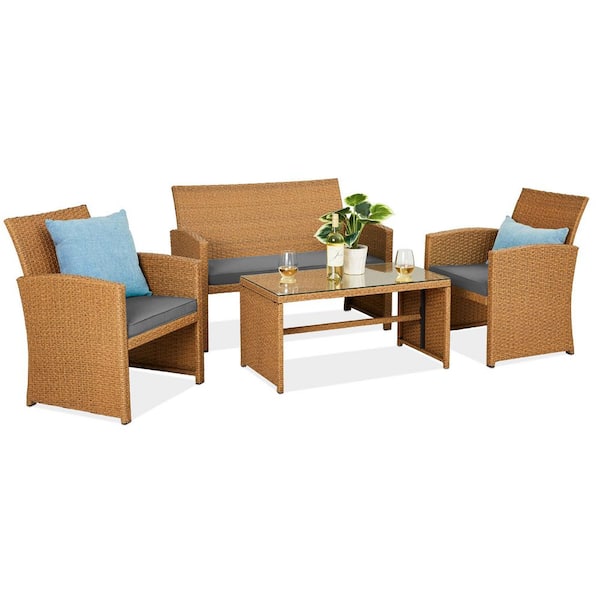 Best Choice Products Natural 4-Pieces Wicker Patio Conversation Set with Gray Cushions, 4 Seats, Tempered Glass Table Top