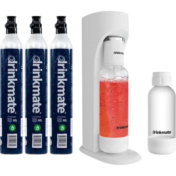 DrinkMate Classic White Sparkling Water & Soda Maker Machine Ultimate Bundle w/3 ea 60L CO2 Cartridge, 1L & 0.5L Re-Usable Bottles