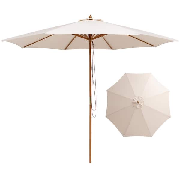 Gymax 10 ft. Wood Table Market Patio Umbrella w/8 Bamboo Ribs Pulley Lift & Ventilation Hole