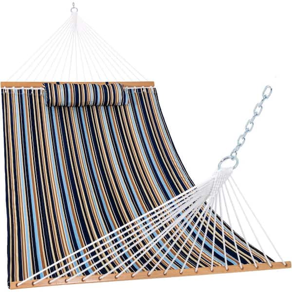 Unbranded 12 ft. Quilted Fabric Hammock with Pillow, Double 2 Person Hammock (Blue Brown)