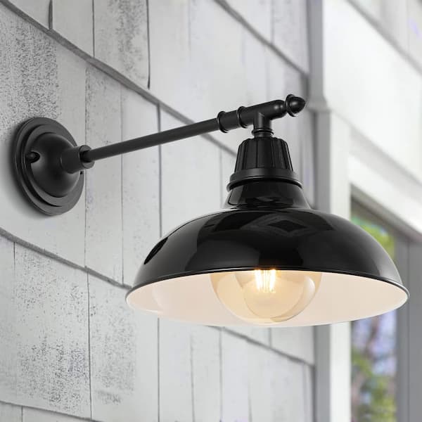 JONATHAN Y Wallace 12.25 in. Black 1-Light Farmhouse Industrial Indoor/Outdoor Iron LED Victorian Arm Outdoor Sconce