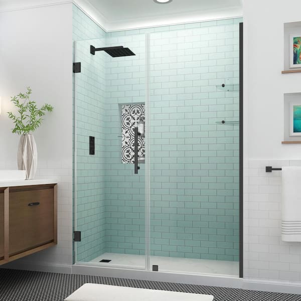 Aston Belmore GS 66.25 in. to 67.25 in. x 72 in. Frameless Hinged Shower Door with Glass Shelves in Matte Black