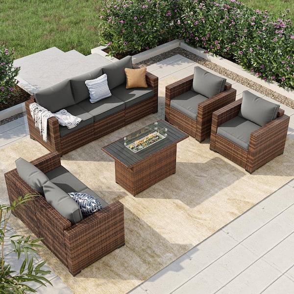ELPOSUN 7 Seat 5-Piece Rattan Wicker Outdoor Patio Rectangular Fire Pit Conversation Seating Set with Gray Cushions, Loveseat