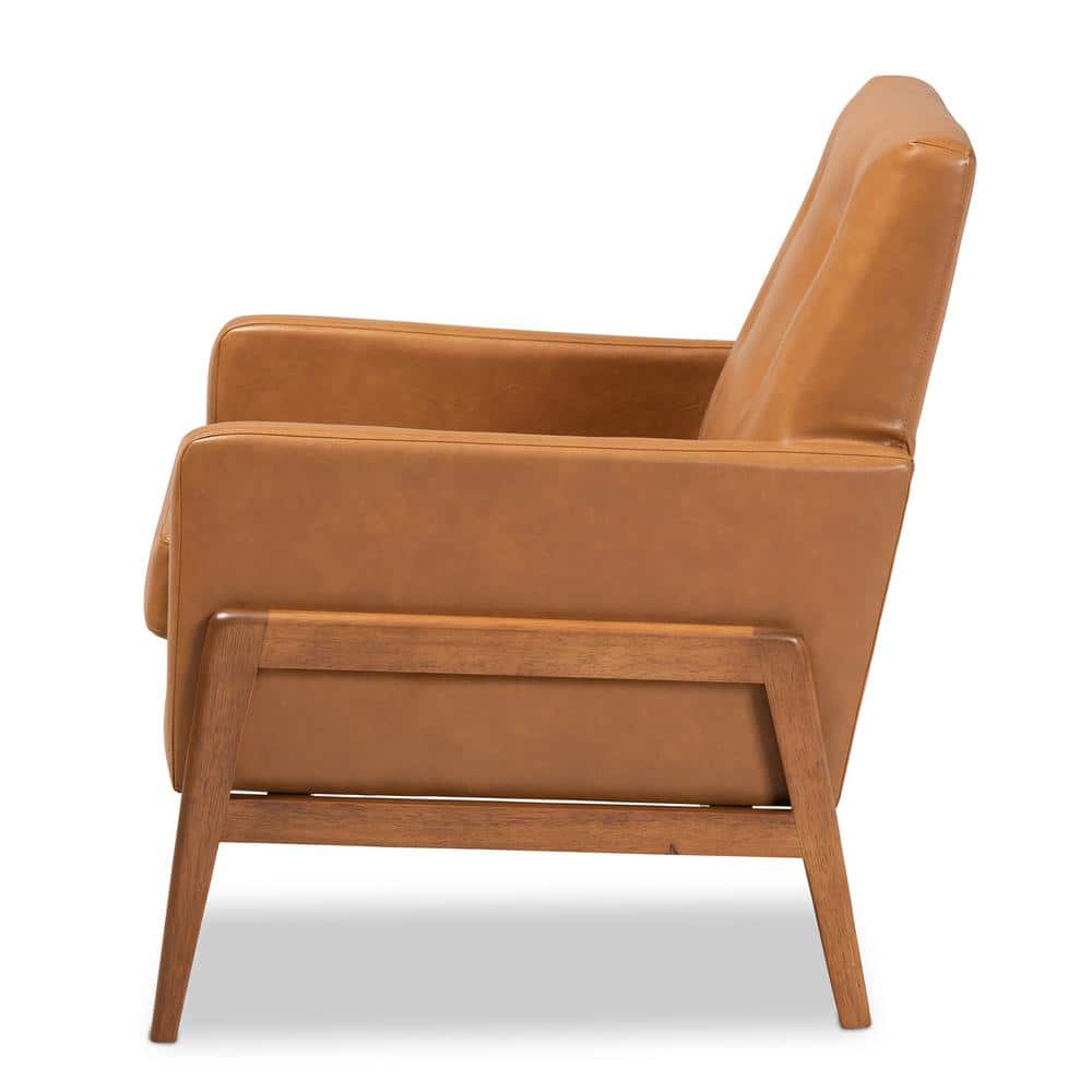 Tan Faux Leather and Walnut Brown Wood Mid-Century Lounge Chair