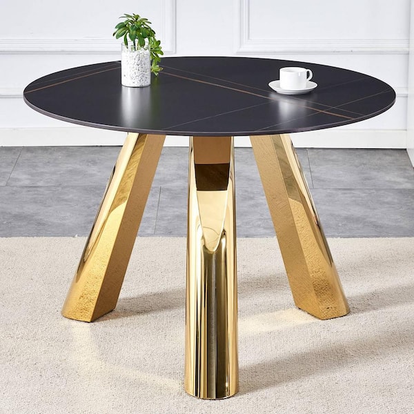 Polibi Black/Gold 42 in. W Burnt Stone with Marble Texture 3-Legs Dining Table with Silver Stainless Steel Legs Seats 4