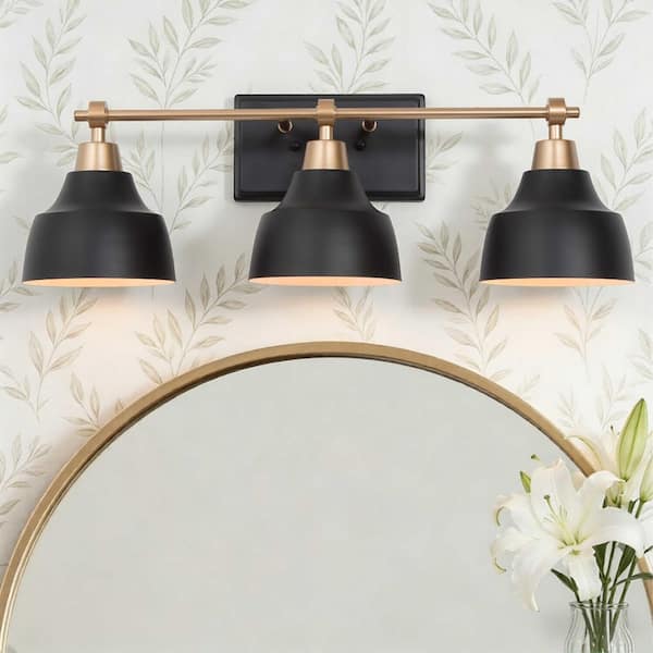 24.5 in. 3-Light Modern Black Bell Vanity Light, Gold Bathroom Light Fixture, Wall Sconce with White Inner Metal Shades