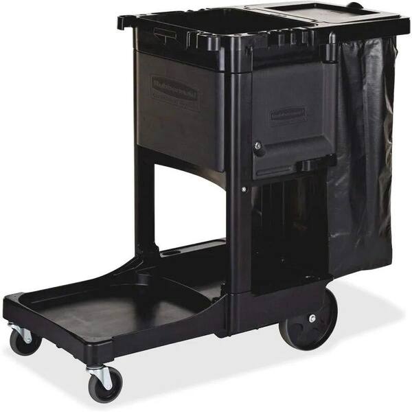 Mobile Cleaning Cart On Wheels - Housekeeping Cart With Shelves, Broom Holder, And Folding Trash Bag