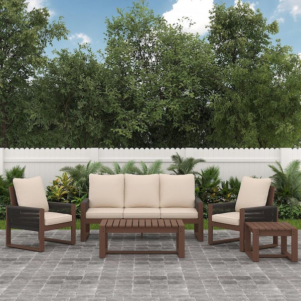 5-Piece Rustic Wood Patio Conversation Set with Woven Armchairs, Sofa, Coffee Table and Side Table, Beige Cushions