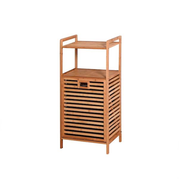 Whatseaso 17.32 in. W x 13 in. D x 37.8 in. H Bathroom Laundry Basket Bamboo Storage Basket Freestanding with 2-Tier Shelf