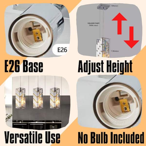 Modern 3 Pack 1-Light Chrome Crystal Prism Cylinder Pendant Chandelier for Kitchen Island or Dining Room(No Bulbs)