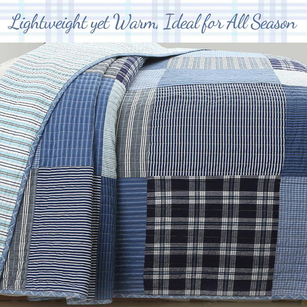 Twin Blue Cotton Reversible Patchwork Quilt Bedding Set