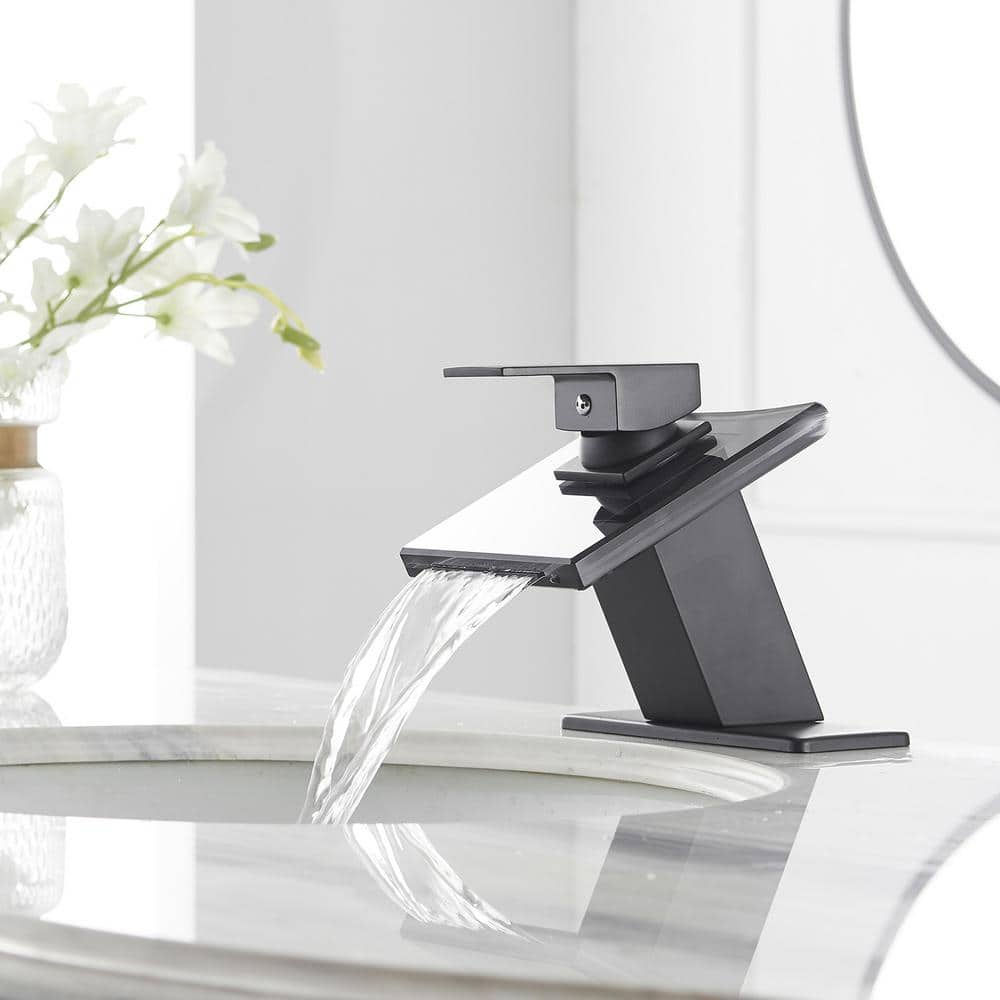 Matte Black Glass Waterfall Bathroom Faucet with Brass Handle