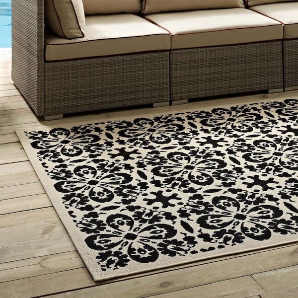 Modway Ariana In Black And Beige 5 Ft X 8 Ft Vintage Floral Trellis Indoor And Outdoor Area Rug R 1142e 58 The Home Depot